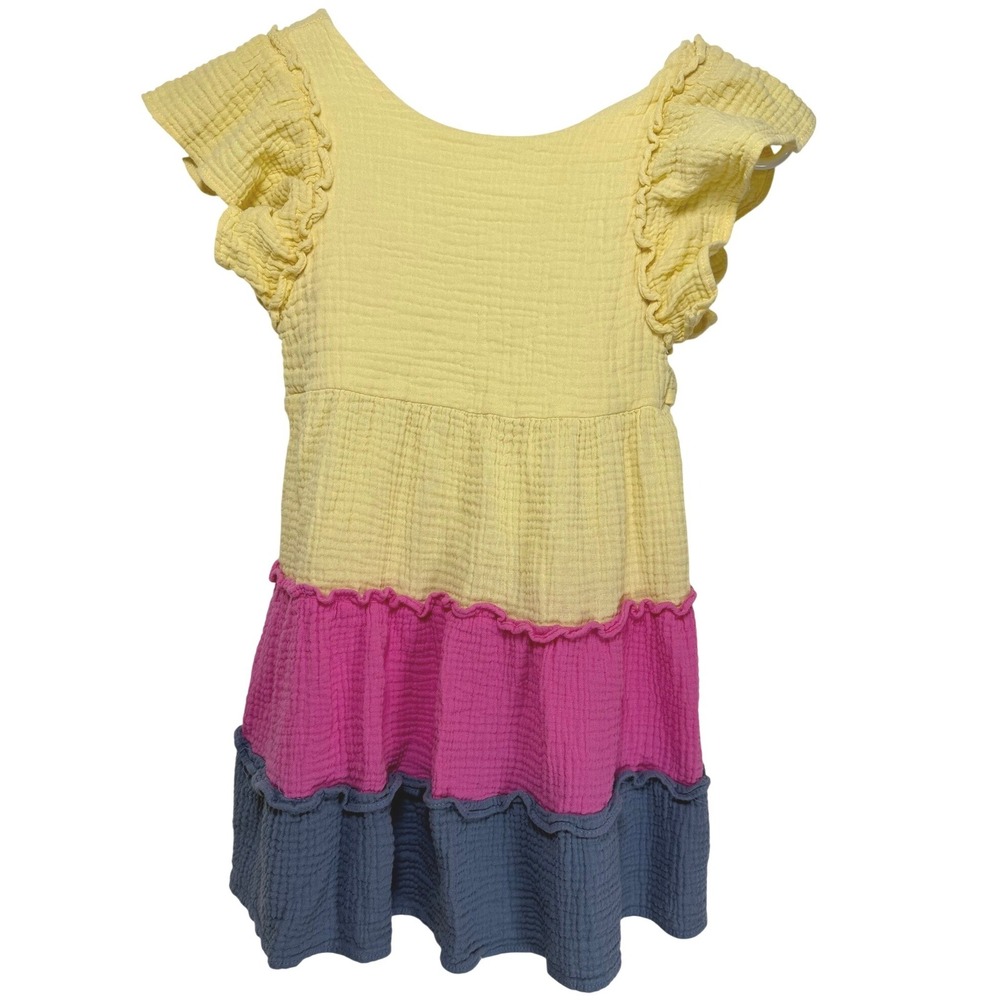 Bonnie Jean Tiered Dress Girls‎ 6X Yellow Pink Blue Cotton Gauze Flutter Sleeve
